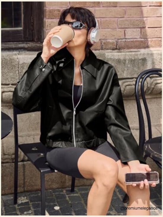 Faux Leather Bomber Jacket Cropped Zip Up Outerwear Lightweight Water Repellent - Picture 4 of 7